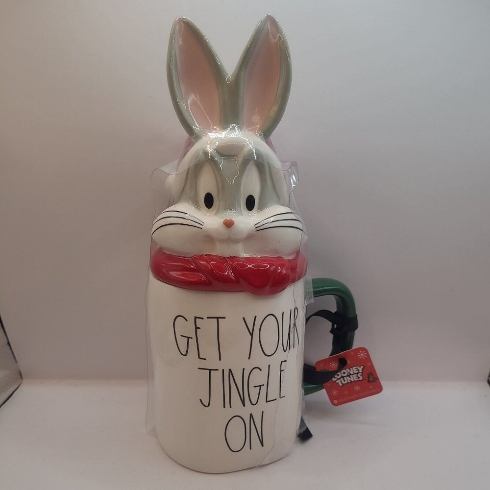 rae dunn christmas looney tunes bugs bunny santa hat topper mug New 2022